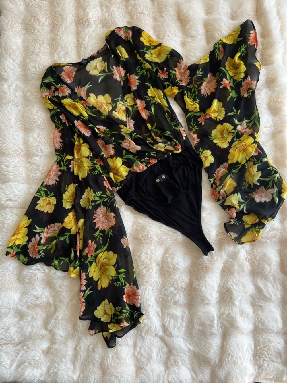 Forever 21 Black Sheer Floral Long Sleeve Bodysuit with Yellow & Pink Flowers